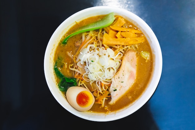 Top view of Ramen Pork Bone Soup (Tonkotsu Ramen) with Chashu Pork