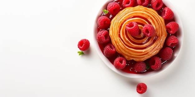 Top view of Raspberry Charlotte cake on white background with copy space Delicious fresh baked healthy vegan homemade dessert