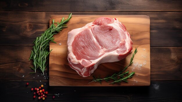 Top view on raw meat and spices on a wooden table