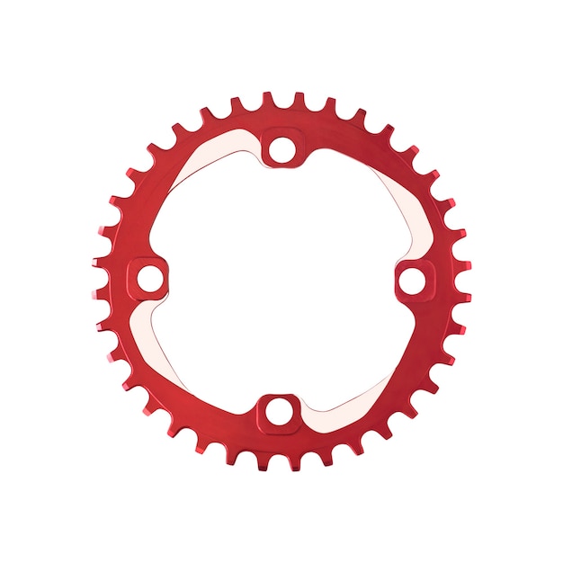 Top view of red chainring component for bicycles isolated on white background