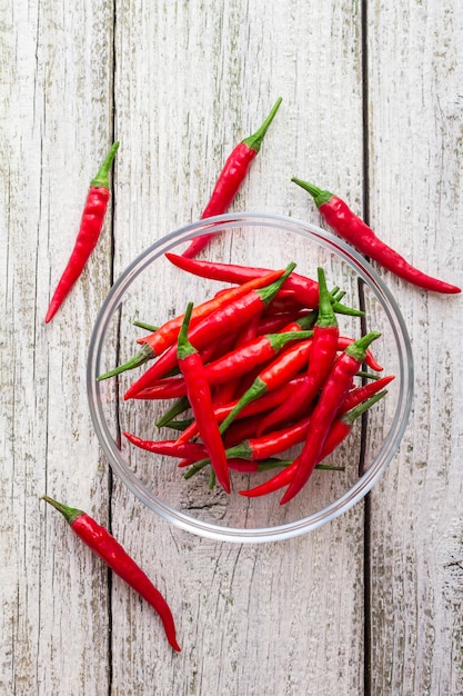 Top view Red chilli peppers in transparent bowl on white wooden