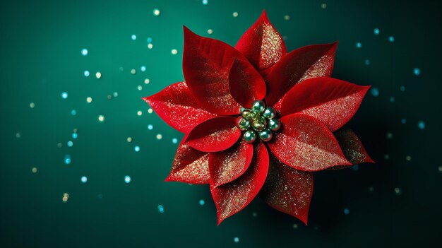 Top view of a red Christmas poinsettia flower on a green backdrop Generative AI