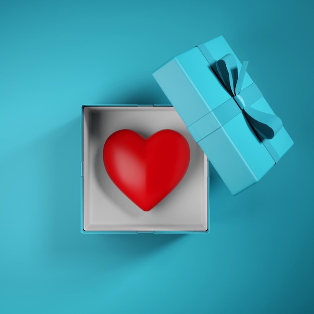 Top view red Heart in gift box on blue background 3D rendering