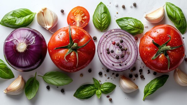 Photo top view of red onion garlic clove and tomato with basil leaves on white background