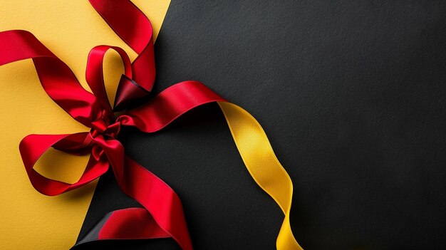 Photo top view of red ribbon decoration on black and yellow background