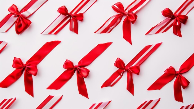 Photo top view of red ribbons with bow on white background