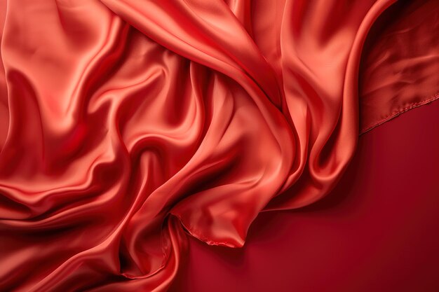 Photo top view red silk fabric textile folded curvedly on red background