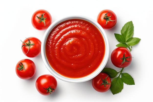 Top view of red tomato sauce or ketchup in ceramic bowl on white background