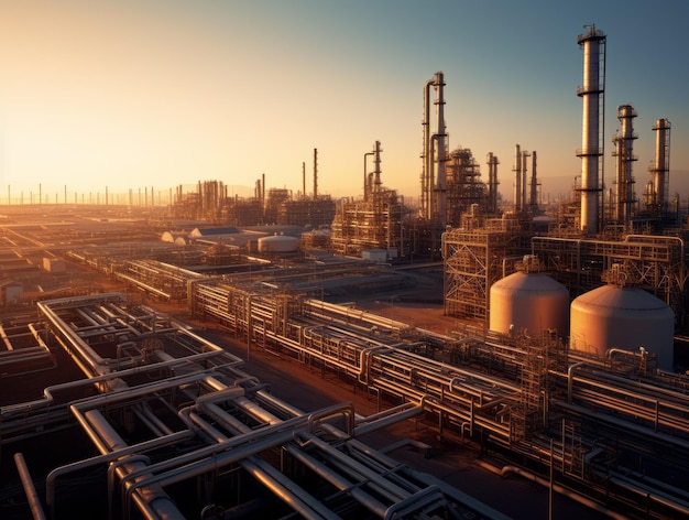 Top view of the refinery pipes oil storage facilities against the background of the blue sky at sunset the golden hour