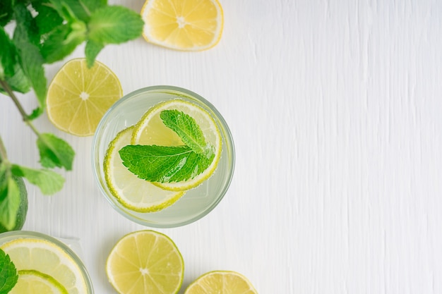 top view on refreshing lemonade made of lemon and lime slices sparkling water and green mint leaves