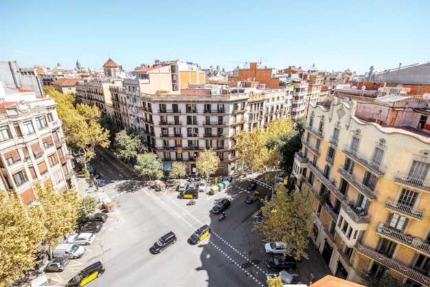 Top view on residential buildings on the street in Barcelona city