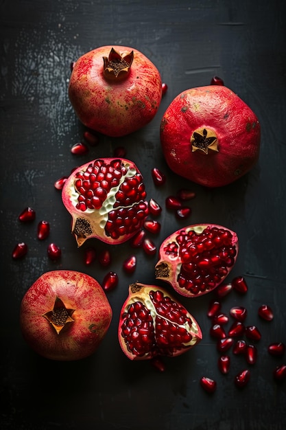 top view of ripe pomegranate fruits on table with dark background