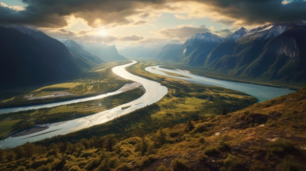 Top view of river along with forest and mountain