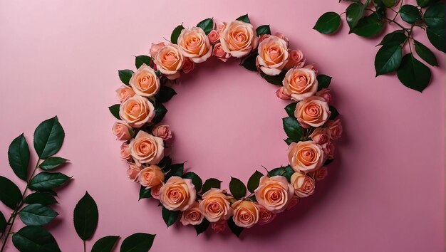 Top view of rose wreath shape on pink background