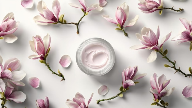 Photo top view of a round cosmetic natural cream jar with green leaves against a white background