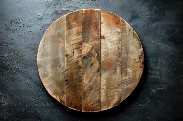 Photo top view round wood board on dark background