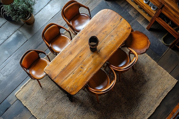 Photo top view of round wooden dining table with eight brown leather chairs in dark interior rustic furniture design modern dining setup