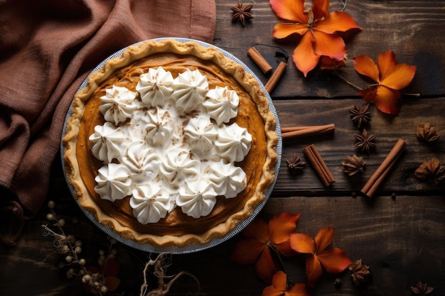 Top view of rustic background with pumpkin pie whipped cream and cinnamon