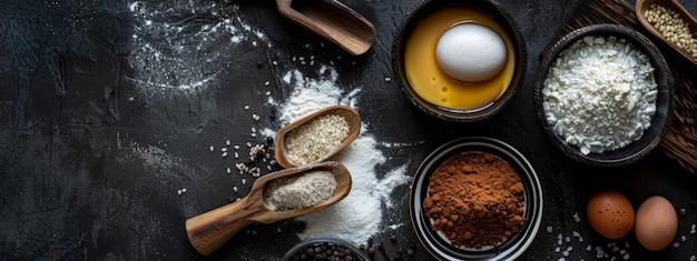 Photo top view of rustic baking ingredients on a dark textured background