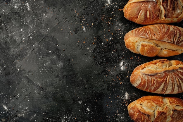 Top view of rustic bread and buns on chalkboard