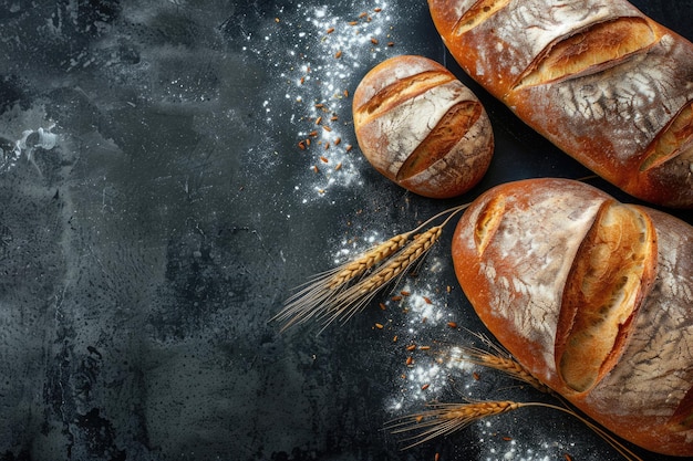 Top view of rustic bread and buns on chalkboard