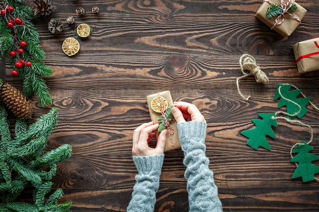 Top view rustic Christmas composition