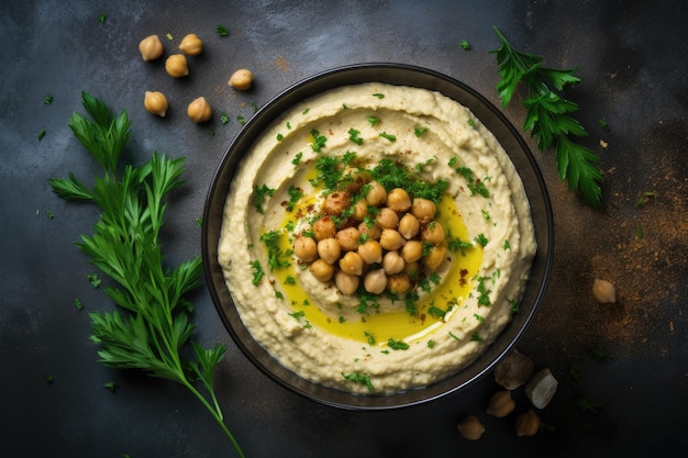 Top view of a rustic metal background with a homemade hummus bowl adorned with chickpeas herbs and o