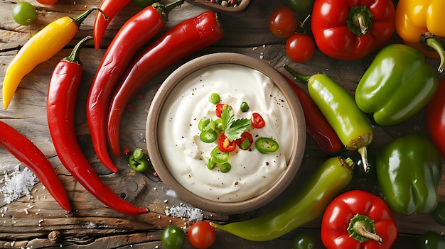 Top view of a rustic wooden table with a bowl of sour cream and various colorful chili peppers and tomatoes