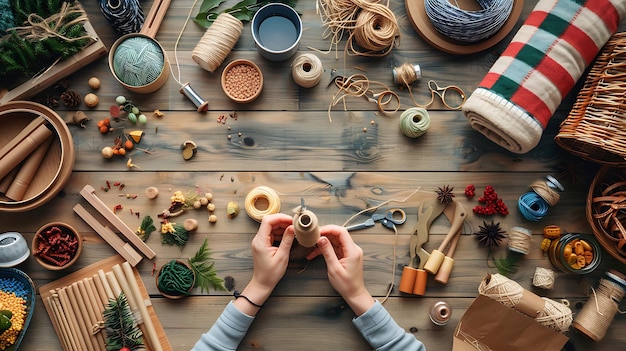 Photo top view of a rustic wooden table with various crafting supplies and tools arranged in a flat lay