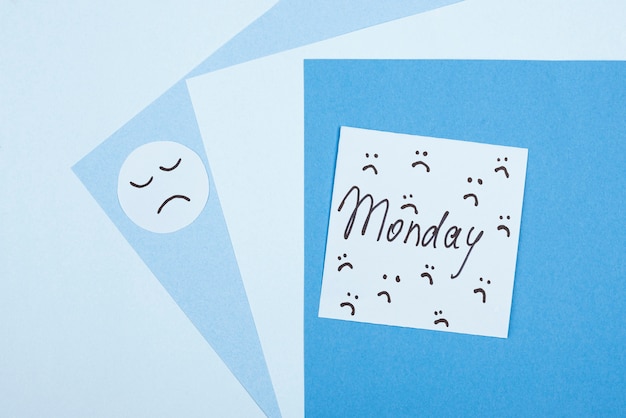 Top view of sad face with sticky note for blue monday