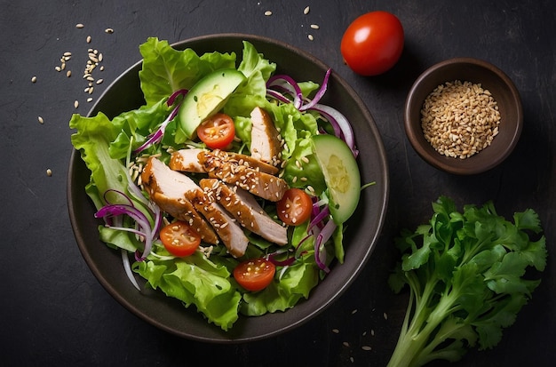 Top view salad with chicken and sesame seeds