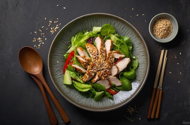 Top view salad with chicken and sesame seeds