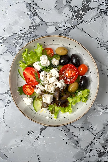 Photo top view salad with feta cheese tomatoes and olives