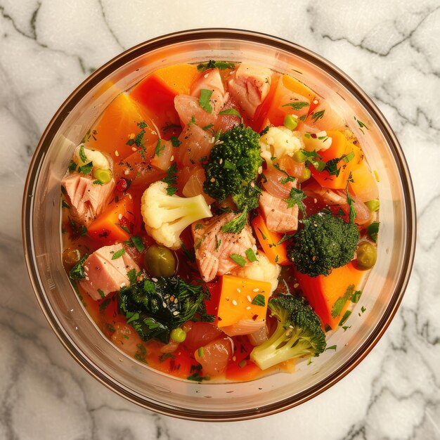 Photo top view of salad with fish broccoli carrots potato in a glass bowl on a marble table