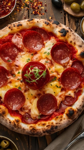 Top view of salami pizza with cheese and pepperoni on a wooden table