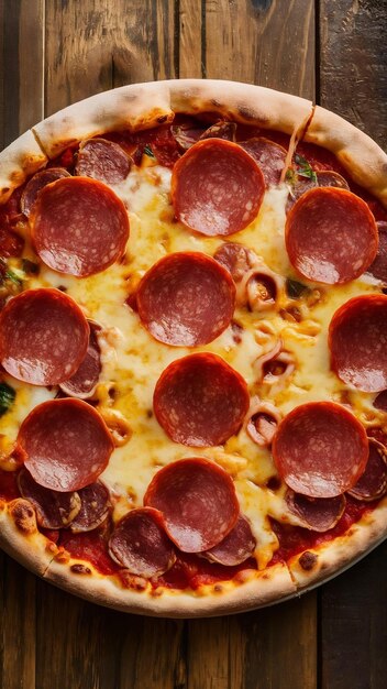 Top view of salami pizza with cheese and pepperoni on a wooden table