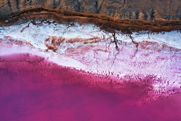 Top view of the saltcovered shore of Pink Lake