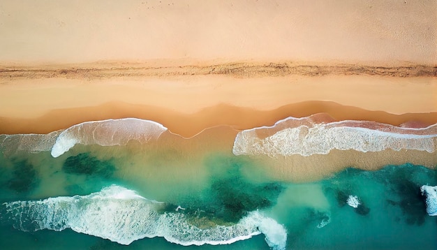 Top view sandy beach with the ocean and waves visible in the background