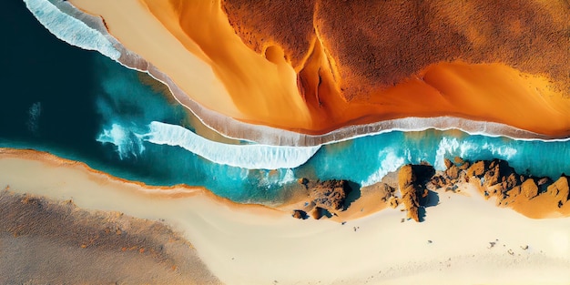 Top view sandy beach with the ocean and waves visible in the background