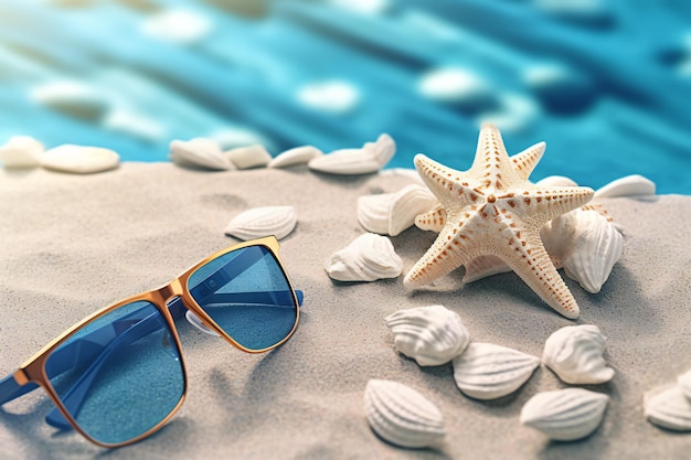 top view of sandy beach with stripy yellow and white towel frame white sunglasses and sea shells