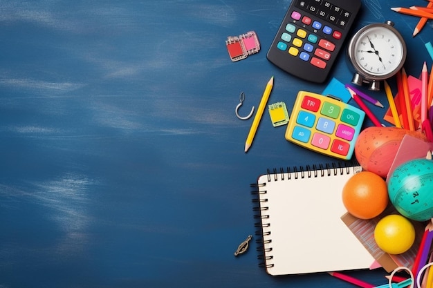 Top view of school supplies with copy space for education day