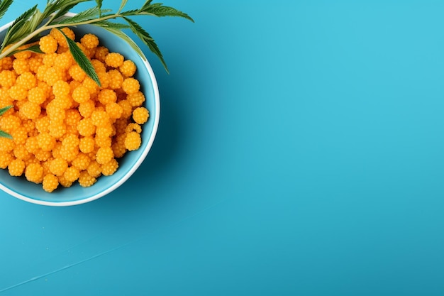 Top view of sea buckthorn in bowl raspberry bowl on blue surface