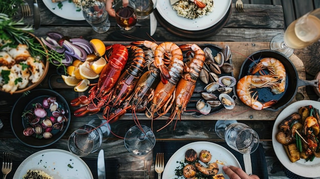 Photo top view of a seafood feast featuring grilled lobster tails prawns and clams accompanied by a side of roasted vegetables