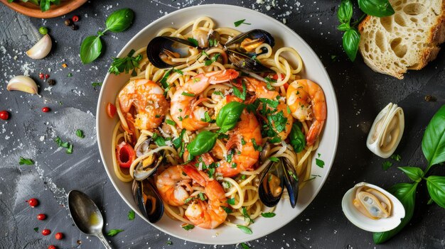 Top view of seafood spaghetti with mussels shrimp and clams in a white wine and garlic sauce