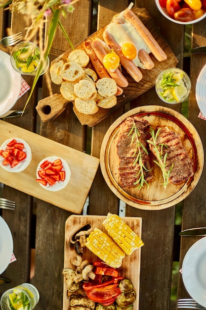 Top view Served with plates dinner table summer picnic outdoor at home