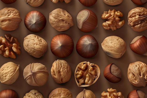 Top view set of hazelnuts and walnuts