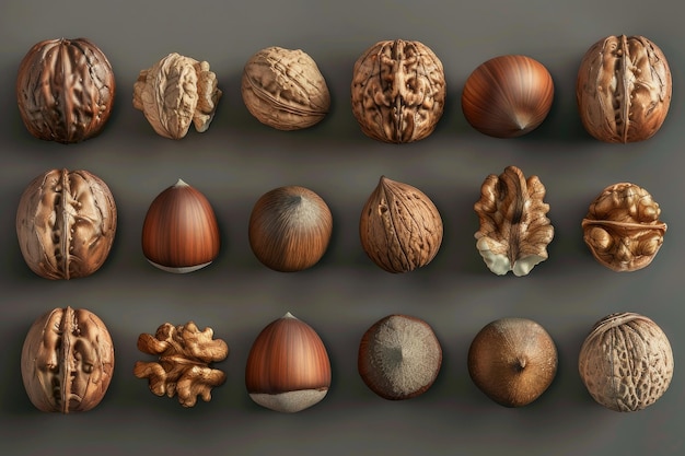 Top view set of hazelnuts and walnuts