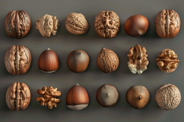 Photo top view set of hazelnuts and walnuts