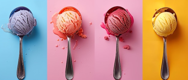 Photo a top view of a set of ice cream scoops on spoon with different color backgrounds and a big space for text or product advertisement backdrop generative ai