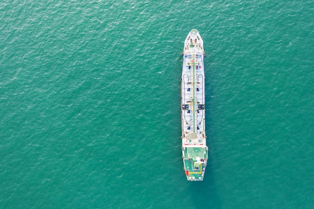 Top view of the ship carrying the LPG and oil tanker in the sea